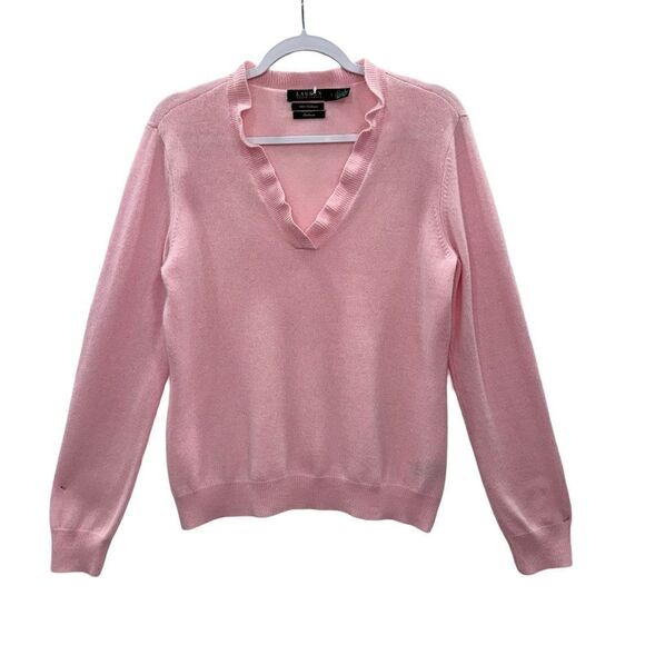 SOLD E Lauren Ralph Lauren 100%CashmereFlutterV-NeckLong SleevePulloverSweater L - Picture 1 of 12